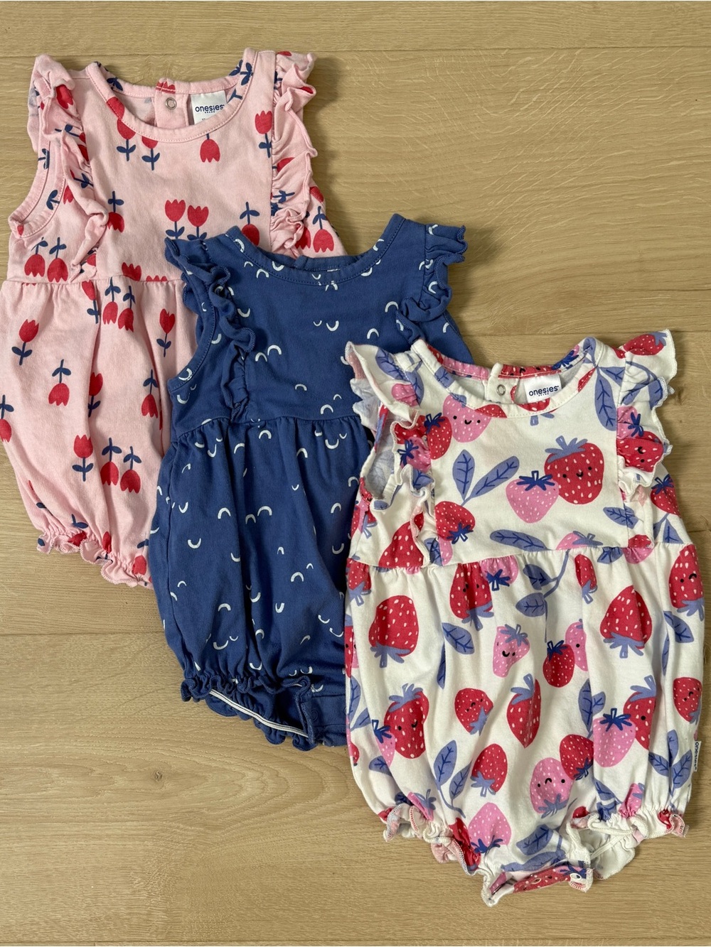 Onesies Girls 3-Pack Ruffle Strawberry & Tulip One-Pieces - Pink, Navy, Cream